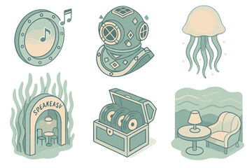Underwater Art Deco Icons. Isometric vector illustration set of underwater art deco icons: porthole window releasing musical notes