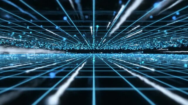 Abstract digital data visualization with glowing particles and grid lines