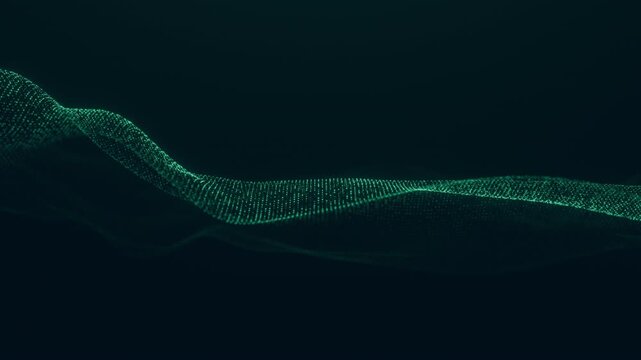 Abstract background of particle wave on dark green-blue background. Duration 60 sec. Maximum resolution 4K. 3D rendering.
