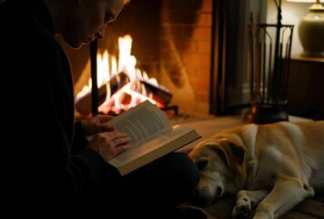 Person reading book by warm fireplace with sleeping dog - Powered by Adobe