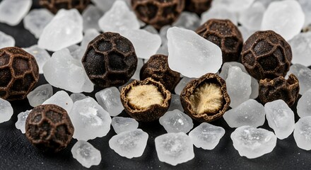 Black peppercorns and coarse sea salt on black background