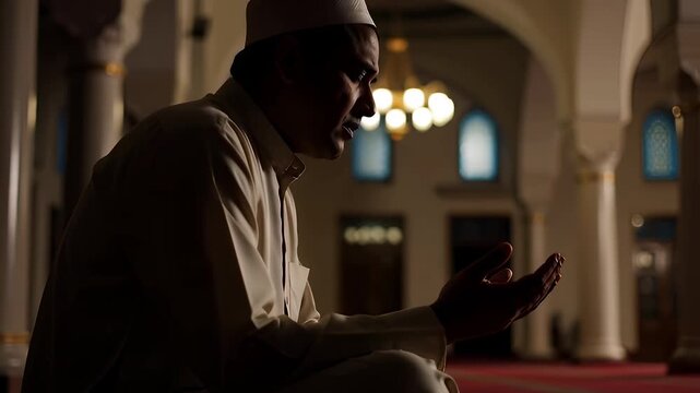 Man prays in a quiet mosque, focusing on his thoughts and inner feelings during a prayer session in the evening