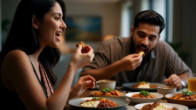 Couple enjoys dinner together with different dishes served in bowls and plates in their home during evening time