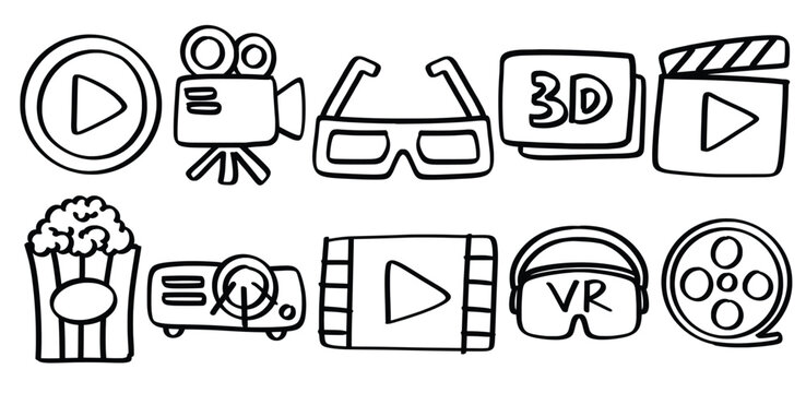 Set of hand drawn Cinema theme Isolated Vector