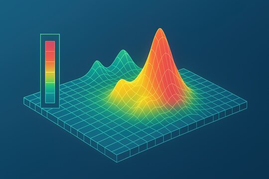 Three dimensional surface graph displaying peaks and valleys with gradient colors conveying data trends and visualization techniques illustrating complex analytical concepts