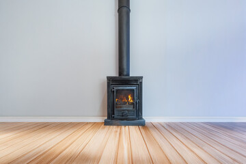 Wood burner stove with burning flame behind a glass door close up. Fireplace inside house modern living room. 