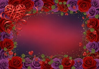 Floral heart frame with red and purple roses, romantic and vibrant, for Valentine's and love celebrations, on a gradient pink-purple background