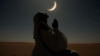 Person prays under a crescent moon at night in a desert setting during a starry sky - Powered by Adobe