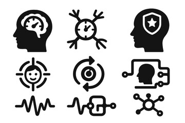 Performance Under Pressure Icons. Solid style icons of performance under pressure: pressure gauge in brain, deadline-driven neuron