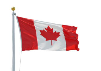 Vibrant Canadian flag with red maple leaf, waving on a white flagpole with golden finial, against transparent background with copy space, concept of national identity