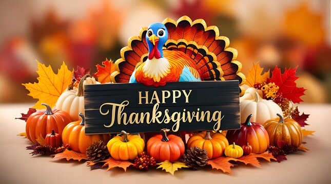 Turkey holding a “Happy Thanksgiving” sign, surrounded by vibrant autumn leaves and pumpkins, warm holiday greeting design