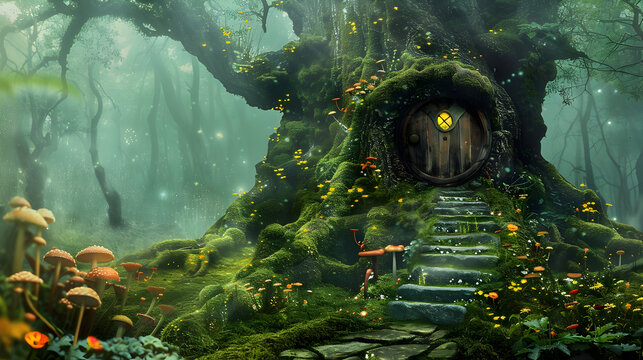 Enchanted forest scene featuring a magical treehouse in a giant ancient tree