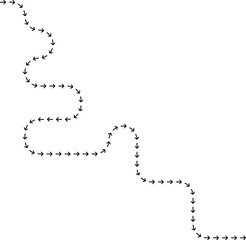 Dotted arrow arrangement bending into a flowing motion line that traces a continuous directional route.