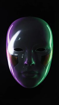 Vertical seamless loop of a dramatic light beam moving across a white theatrical mask on a black background, symbolizing mystery, drama, and hidden identity.