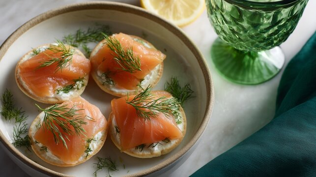 Sophisticated appetizer of blinis with cured salmon and dill, representing fresh, gourmet catering and fine dining.