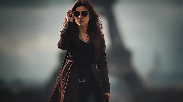 Parisian Chic: Stylish Woman in Trench Coat with Eiffel Tower View
