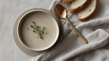 Gourmet comfort food photography featuring a savory vegan or vegetarian soup in a rustic ceramic bowl on a vertical flat lay.
