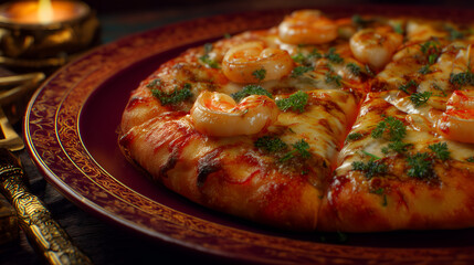 Shrimp-topped pizza with melted cheese and herbs. Ornate plating and candlelit ambiance evoke clarity, indulgence, and editorial depth in upscale culinary storytelling.