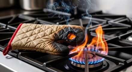 Oven mitt burning on gas stove with smoke emerging from the fire. Kitchen accident and domestic fire safety hazard concept.