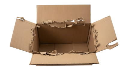 Open torn cardboard box with rough edges and corrugated texture isolated on a transparent background