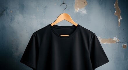 Plain black tshirt on a wooden hanger, a clean canvas for custom branding, fashion, and apparel mockups against a textured wall