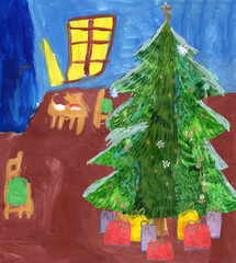 Christmas and New Year's gifts under the Christmas tree in the wooden house. Hand drawn Watercolor and Gouache painting