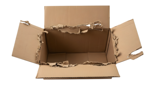 Open torn cardboard box with rough edges and corrugated texture isolated on a transparent background