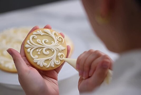 Pastry chef decorating sugar cookie with royal icing scrollwork