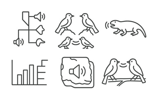 Bioacoustic Evolution Icons. Line style icons of evolutionary bioacoustics: phylogenetic sound tree, sound-driven speciation icon,