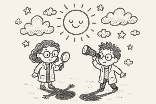 Whimsical Scientific Exploration. Whimsical doodle of cute little scientists observing changing shadows under a smiling sun