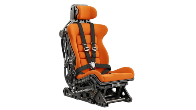 Orange racing car seat with complex metal frame and harness isolated on a transparent background racing seat
