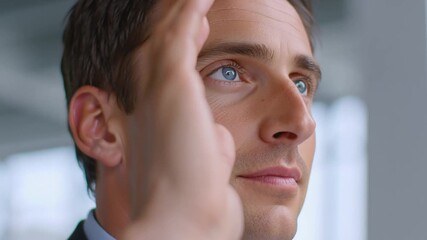 Young man indoors holds his raised hand near his face while gradually turning his head to the right and directing his gaze into the distance showing a calm focused expression