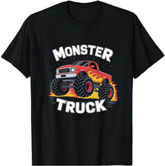 Monster Truck Cartoon Kids T-Shirt Design, Fire Flame Monster Truck Off-Road Graphic