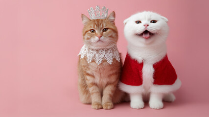 Expressive animal companions posing together in playful holiday attire, capturing a whimsical, bright, and cheerful celebratory moment.