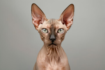 Cat with large ears sits against a plain background and looks straight at the viewer with curiosity and alertness