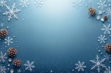 Winter scene with snowflakes, pine cones, and decorative elements on a blue background during the holiday season