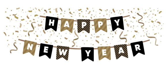 Happy New Year garland in gold and black. Bunting flags isolated on backround. Falling confetti, streamers. Festive holiday celebration banner. Party decoration, vector illustration, New Years Eve.