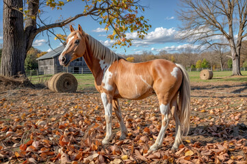 Horse stands among autumn leaves in a rural field with a barn in the background under a clear blue sky