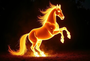 A flaming silhouette of a rearing horse against a black background. Low-key photo. Chinese New Year of the Fire Horse
