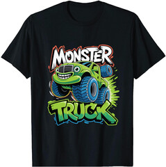 Monster Truck Cartoon Kids T-Shirt Design, Fire Flame Monster Truck Off-Road Graphic