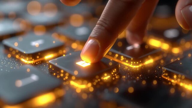 A human finger presses illuminated digital keys as the glowing surface reacts with bright particles showing continuous downward motion across frames & emphasizing a high-tech interactive input concept