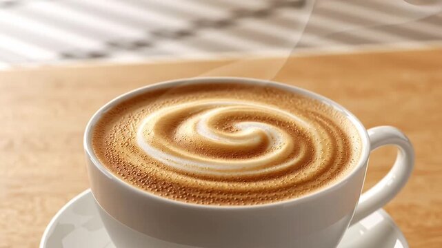 Cup of cappuccino sits on a wooden table in a warm caf&eacute; during daytime as the swirling foam pattern slightly shifts between frames, showing gentle rotation and smooth creamy texture