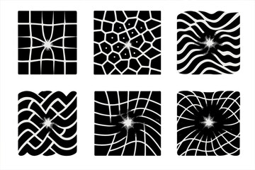 Optical Energy Icons. Solid style icons of optical energy: glowing illusion grid, shimmering false mosaic, vibrating mirage