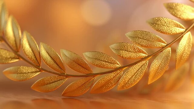 Golden laurel wreath in close-up rotates slightly across warm blurred background as the camera shifts gently, showing textured leaves and subtle movement of highlights
