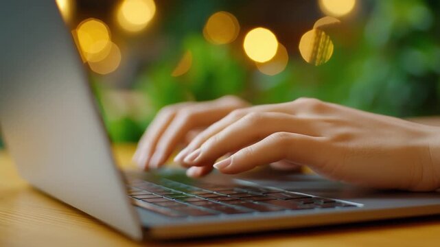 Hands typing on laptop as colorful digital icons appear and shift above keyboard, showing modern technology concept while camera moves slightly capturing dynamic workflow in bright indoor setting.