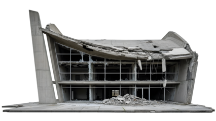 Partially destroyed concrete building with broken glass windows and debris isolated on a transparent background