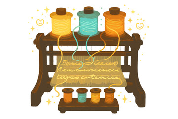 Fototapeta premium Magical Weaving Station. A magical weaving station with multiple spools of glowing thread forming letters and sentences, tiny