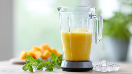 Freshly blended smoothie with mint and ice cubes, healthy breakfast concept