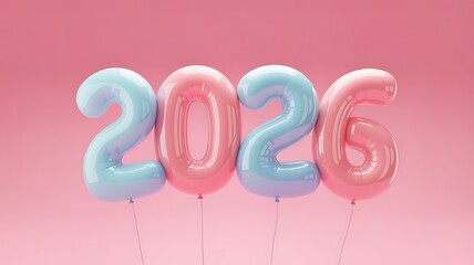 Pastel balloons forming 2026 on pink background for new year or event