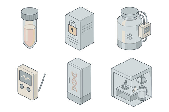 Biomedical Preservation Modules. Isometric vector illustration set of biomedical preservation modules: vitrification vial, secure